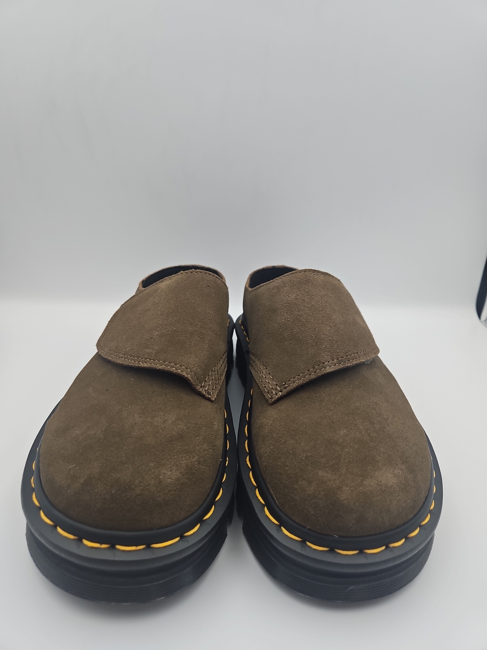 Dr. Martens Olive Brown Suede Platform Clog Mules - Picture 2 of 8